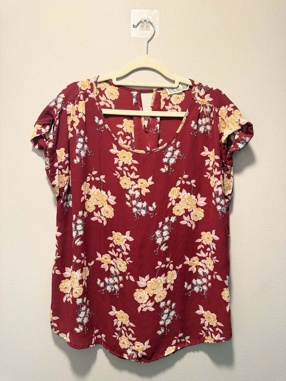 Pink Rose Floral Blouse Size L Red Short Sleeve Top